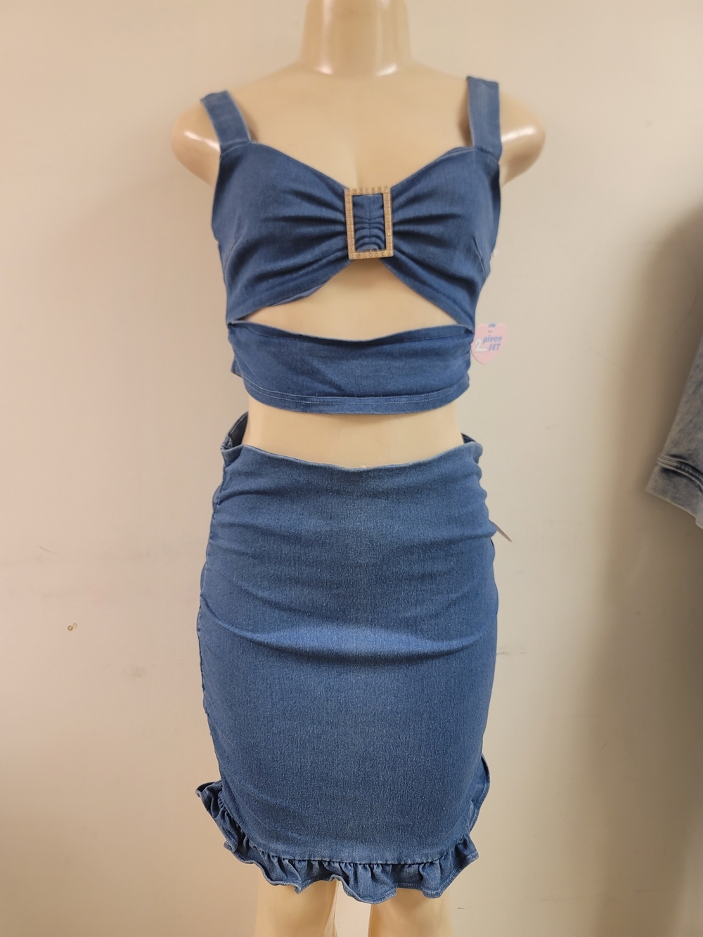 Blue Denim Two-Piece Skirt Set with Buckle Detail